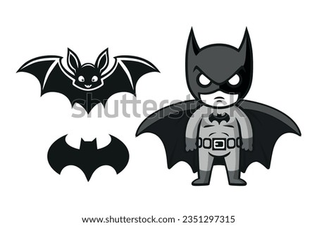 Set with a silhouette of a bat and a hero Batman. Black and white graphics on a white background. Simple drawing, logo.