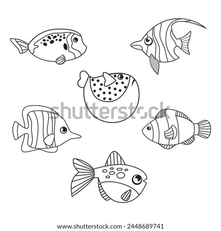 set of fish images in simple linear style, black and white graphics. Cartoon image of fish to illustrate children benefits