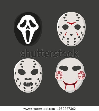 Horror movie characters masks set. Masks like ghost face, Jason Voorhees, Hannibal, Saw. Vector illustration of a set of masks for halloween. 