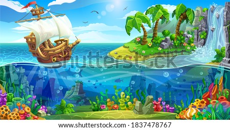 A wooden ship with white sails crosses a sea coral reef. Tropical islands with palm trees and a waterfall over the colorful underwater world.