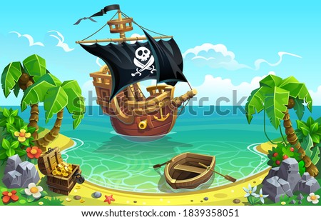 Pirate sailing ship and treasure chest in the bay of a tropical island with palm trees.