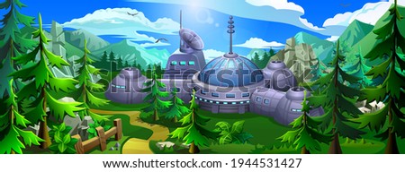The city of the future under a dome, surrounded by mountains and coniferous forest. 