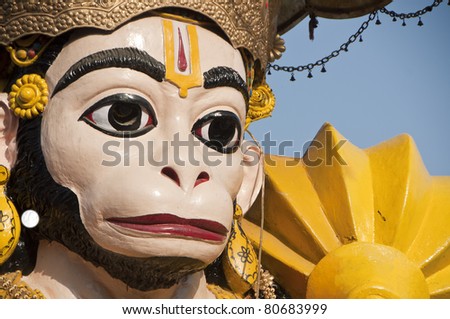A large lifesize statue of monkey god Hanumana from India mythological epic Ramayana.
