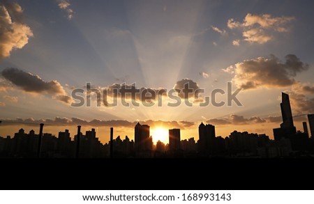 Light flare of sunset in Shanghai, China