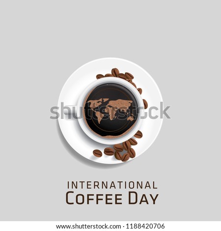 Cup of coffee with coffee beans decoration and sprinkle forming world map, banner, poster, greeting card
