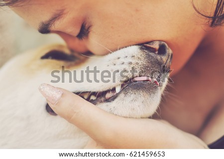 Similar – Image, Stock Photo Woman with cute dog on beach