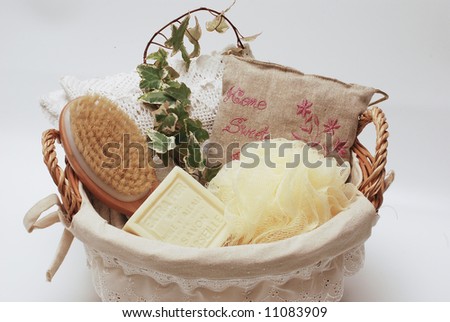 Towels and soap assortment for bathroom or wellness therapy
