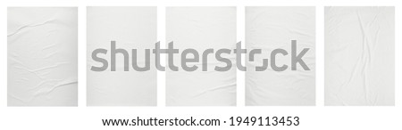 white paper wrinkled poster template , blank glued creased paper sheet mockup.white poster mockup on wall. empty paper mockup. clipping path Foto stock © 