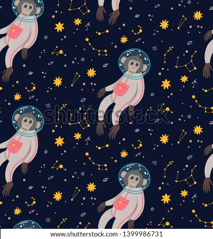 Seamless pattern with cute monkey in the space on skies objects background. Funny children's vector illustration. Ape in the cosmos surrounded by stars.