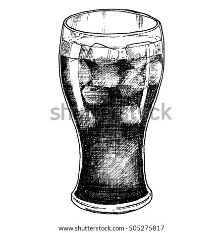 Sketch ink graphic glass with cola with ice drink illustration, vector draft silhouette drawing, black on white background. Delicious vintage etching food design.