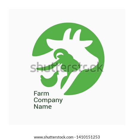 Logo for livestock company, stock raising. Round symbol with cow, pig, ram and chicken. Green sign for ranching. Vector illustration of farm animals. Label for Bio products, farmers fair or market.