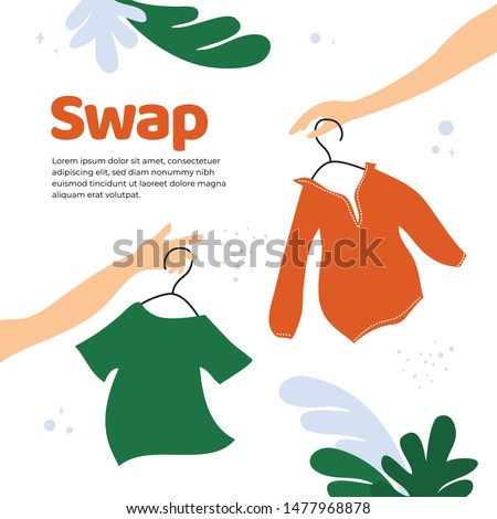 Vector illustration for swap shop or party, event of exchange old wardrobe for new. Two hands with clothes hangers. Exchange clothes. Template for banner,poster, layout,flyer, invitation,advert, print