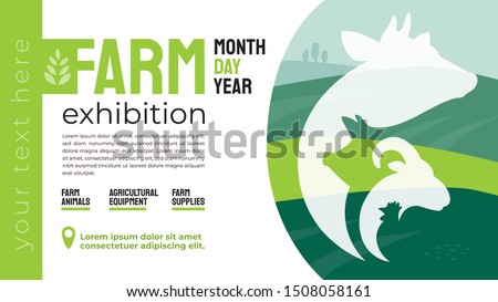 Design for agricultural exhibition. Identity for farm animals business, agricultural equipment, supplies, conference, forum. Illustration with sign of cow, pig, ram. Template for flyer, advert, banner