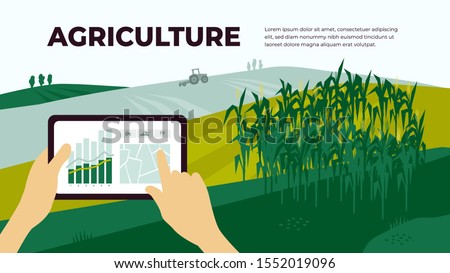 Illustration of agriculture with control by tablet. Smart farming and innovation technology. Analysis data, chart and graph on device. Landscape with cornfield and tractor. Template for web, flyer, ad