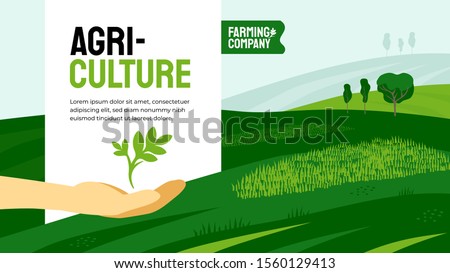 Vector illustration of hand with plant sprout. Design for agricultural company with crops, farm land, fields. Template with agriculture for banner, annual report, prints, flyer, booklet, brochure, web