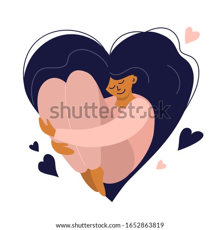 Cute girl with heart shaped long hair. Self care, love yourself icon or body positive concept. Happy woman hugs her knees. Illustration of International Women's day. Vector postcard, valentines card.