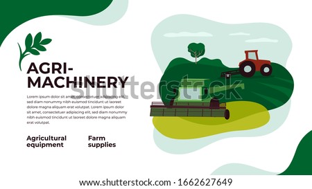 Layout with agri machinery and farm landscape. Vector illustration of farming, industry, technology in agriculture. Website or flyer template with tractor and combine harvester on agricultural fields