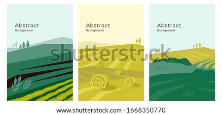 Vector illustrations of landscape, cultivated farm land, nature. Banners with agriculture or farming concept. Set of agricultural backgrounds. Design template for flyer, poster, book or brochure cover