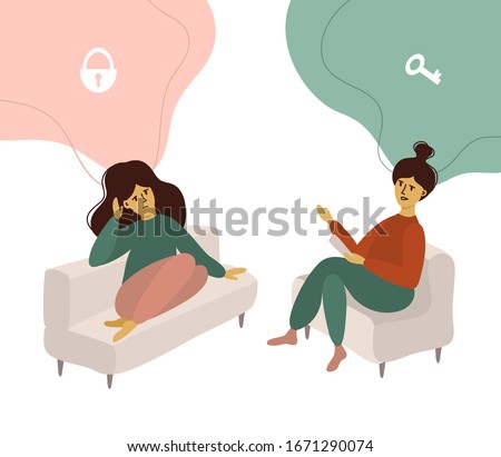 Psychotherapy, mental problem or depression treatment concept. Vector illustration of sad girl talking with psychologist. Psychology doctor looking for the key to locked mind of patient. Woman issues.