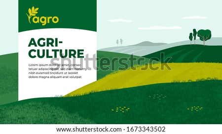 Vector illustration of landscape with agricultural fields. Design for farming company with crops, farm, cultivated land. Template with agriculture for banner, layout, flyer, booklet, brochure, web, ad