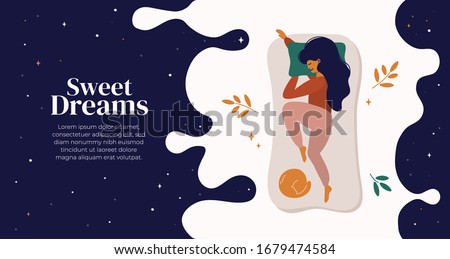 Sweet dreams, good health concept. Young woman sleeps on side. Vector illustration of girl and cat in bed, night sky, stars. Advert of mattress. Design template with pose of sleeping for flyer, layout ストックフォト © 