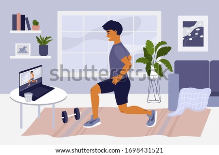 Stay home, keep fit and positive. Man doing exercise on laptop. Online training at home gym. sport internet fitness workout. Healthy lifestyle. Coronavirus quarantine isolation. Vector illustration.