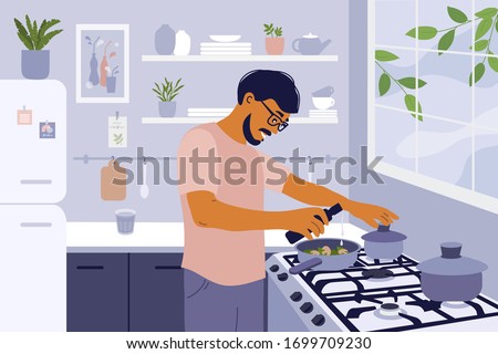 Stay home and cook healthy food yourself. Smiling man cooking homemade meals in small cozy kitchen. Father preparing dinner on big stove. Coronavirus quarantine lockdown. Lifestyle vector illustration
