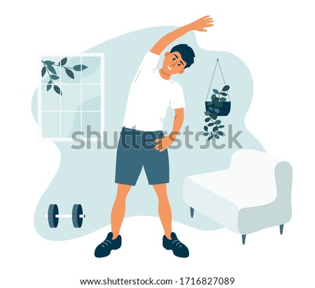 Stay home, keep fit and positive. Man doing side bends, stretching. Sport exercise, fitness workout. Physical activity, healthy lifestyle concept. Quarantine lockdown vector illustration.