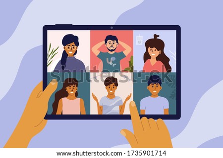 Video call of group of people. Hands holding digital tablet with online conference on screen. Friends virtual party, remote meeting of colleagues, teamwork. Social media community vector illustration.