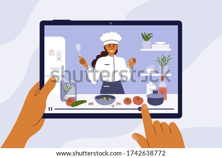 Culinary video broadcast, channel or blog with cooking online class. Young chef woman preparing healthy food in kitchen. Hands holding digital tablet with girl blogger on screen. Vector illustration.