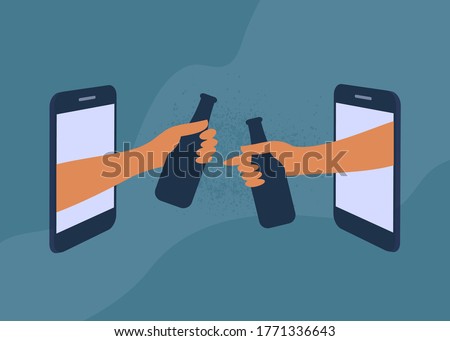 Friends hangout online, drink beverages. Human hands hold bottles through smartphone screen. Mobile app, video call. Informal talking by internet. Party, birthday, virtual meeting vector illustration