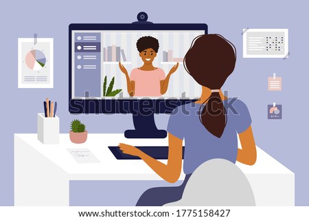 Online courses, studying or education. Video call, networking or conference by computer. Team work, talking with partner. Hiring, job interview, employment. Home office, work place vector illustration