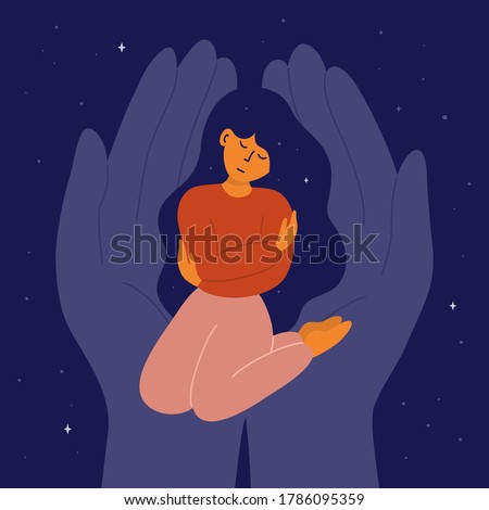 Self care, love, acceptance concept. Woman with closed eyes sitting on knees, embracing yourself. Mental health issue, feeling of frustrated, anxiety. Universe inside. Helping hand vector illustration