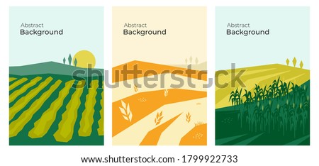 Vector illustrations with farm land, agricultural fields, hills and landscape. Summer and autumn nature. Banners with agriculture or farming. Set of abstract backgrounds. Flyer, poster, brochure cover