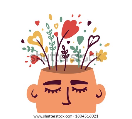 Mental health, psychology vector concept. Human head with flowers inside. Positive thinking, self care, healthy slow life. Wellbeing, wellness mind. Acceptance, blooming brain abstract illustration  Imagine de stoc © 