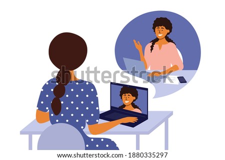 Online video call of business women, networking or web conference. Talking by laptop. Internet communication technology. Hiring, job interview, employment. Work place, home office vector illustration