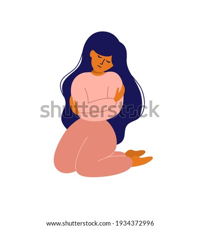 Mental health problem, frustration, anxiety, depression. Sad woman sitting on knees embracing yourself. Care, love, empathy, acceptance concept. Girl self hugging. Female issue vector illustration