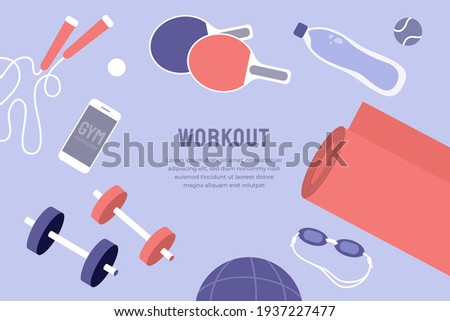 Vector template with sport goods and text. Illustration for fitness gym workout class, physical activity, healthy lifestyle blog. Yoga mat, jump rope, tennis ball, dumbbells, ping pong paddle, goggles