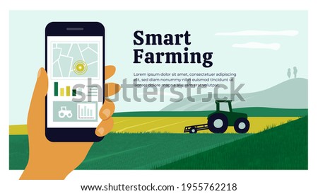 Smart farming layout template. Human hand holding smartphone with map, chart, graph, controlled tractor plowing agricultural field. Innovation technology in agriculture. Farm land vector illustration