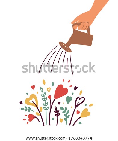 Growing love, health care, wellbeing or wellness. Human hand with watering can irrigates blossom heart shapes flowers. Cultivating love. Charity, volunteer work, therapy. Abstract vector illustration