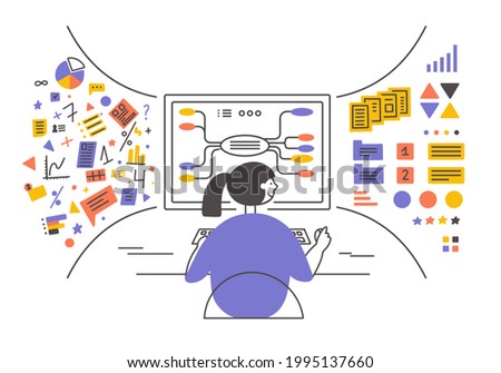 Data analysis, database visualization. Young woman sitting in front of big computer monitor sorting information. Girl working using digital mind map. Charts, data graphic analyzing vector illustration