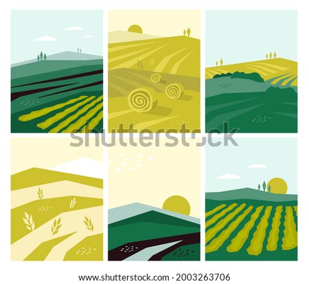 Set of vector agriculture posters with farm land, nature scenery, agri landscape. Agricultural field, farming pasture illustration. Banners with summer rural scene, autumn harvest. Abstract background