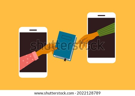 Online books swap, share, exchange, reading club, chat or social media. Man or woman hand gives book from mobile smartphone. Read books lovers. Internet bookstore, virtual library vector illustration