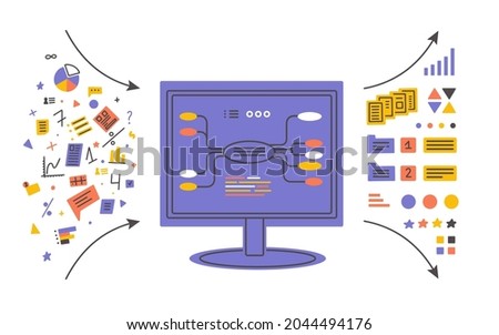 Data analysis, database visualization. Monitor of big computer showing process of sorting information. Input output data, digital mind map. Infographic, charts, graphic analyzing vector illustration