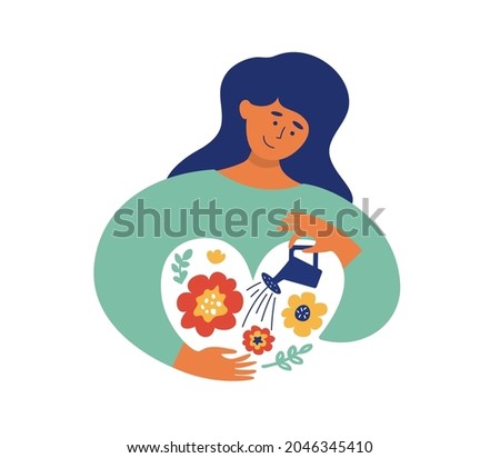 Self love, body care concept. Gentle to yourself vector illustration. Happy female grows garden within herself. Young woman irrigates inner flowers by watering can. Mental health psychological therapy