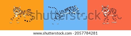 Vector illustrations set of tiger silhouette on colorful background. Wild animal sign. Abstract wildlife design element. Tigers icon collection. New 2022 year symbol. Lying, standing,  jumping tiger