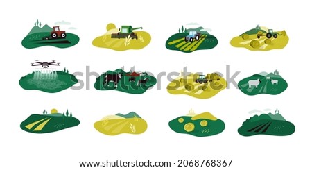 Agriculture isolated illustrations. Icons of tractor, farm animals, combine harvester, drone. Vector set of agricultural industry scenes. Farming field, livestock, cultivated land, harvest, hayfield