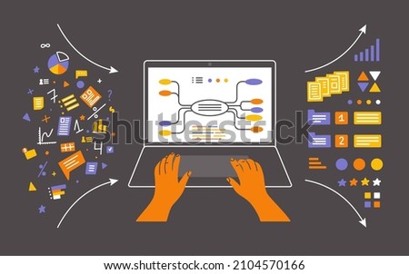 Data analysis, database visualization. Human hands on laptop keyboard. Person working sorting information using digital mind map. Input output data, charts, analyzing, infographic vector illustration Foto stock © 