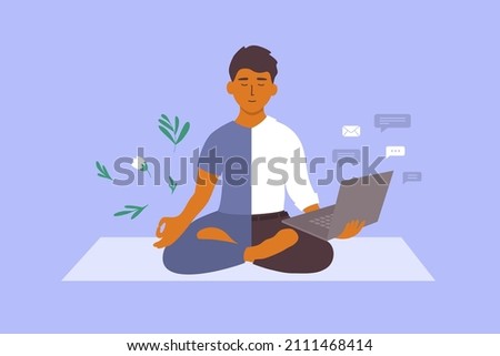 Work life balance vector concept. Business man meditating yoga pose holds laptop in hand. Half of male character choosing healthy relax, leisure, other one career. Dividing office vs home illustration
