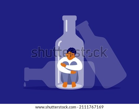 Alcoholism concept. Unhappy man sitting at bottle bottom hugging knees. Sad drunk male person, exhausted alcoholic guy. Social issue, abuse, addiction. Empty alcohol drink bottles vector Illustration